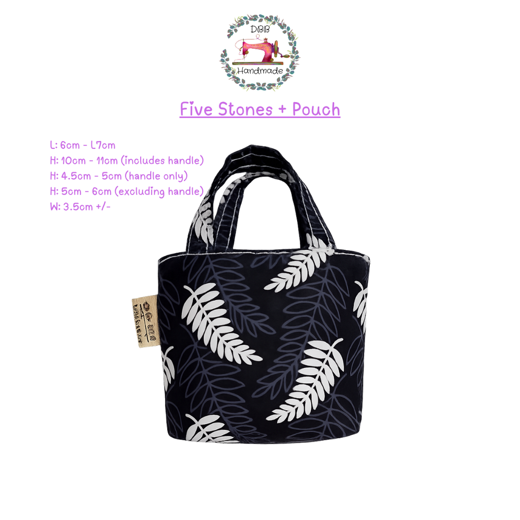 [Minor Flaws] DBB Handmade Mini Tote Pouches + Traditional Games Five Stones – Stylish Leaf, Floral & Geometric Patterns, Perfect Gift Bags