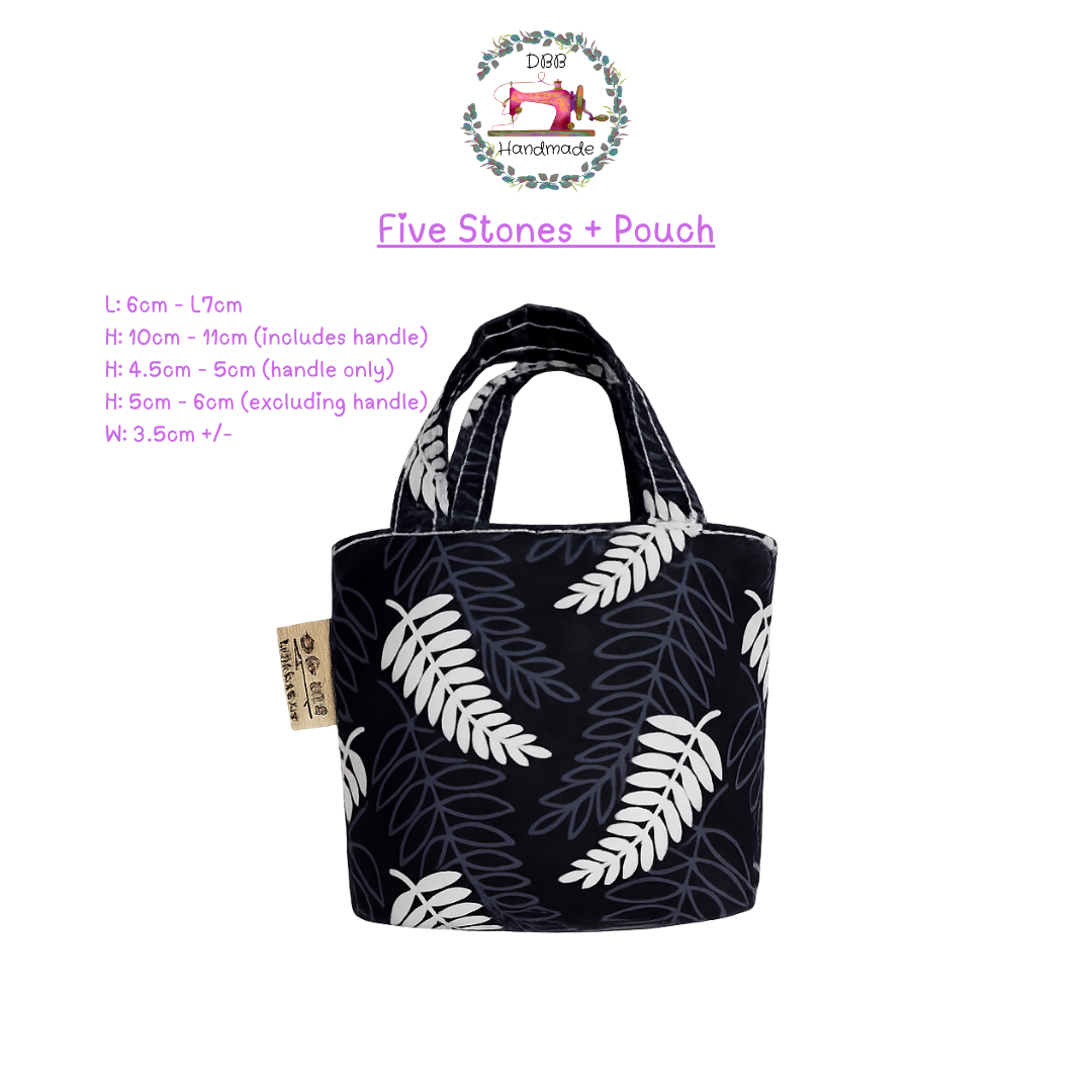 [Minor Flaws] DBB Handmade Mini Tote Pouches + Traditional Games Five Stones – Stylish Leaf, Floral & Geometric Patterns, Perfect Gift Bags