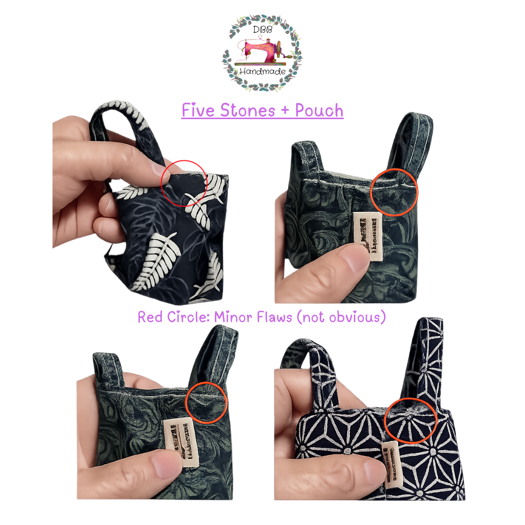 [Minor Flaws] DBB Handmade Mini Tote Pouches + Traditional Games Five Stones – Stylish Leaf, Floral & Geometric Patterns, Perfect Gift Bags