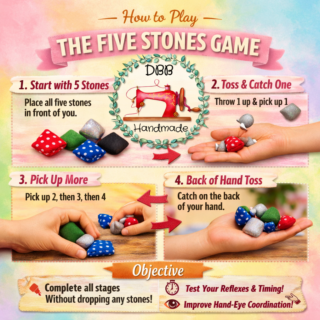 Ready To Play - Many Fabric Designs - Traditional Five Stones Games with Keeping Pouch Set