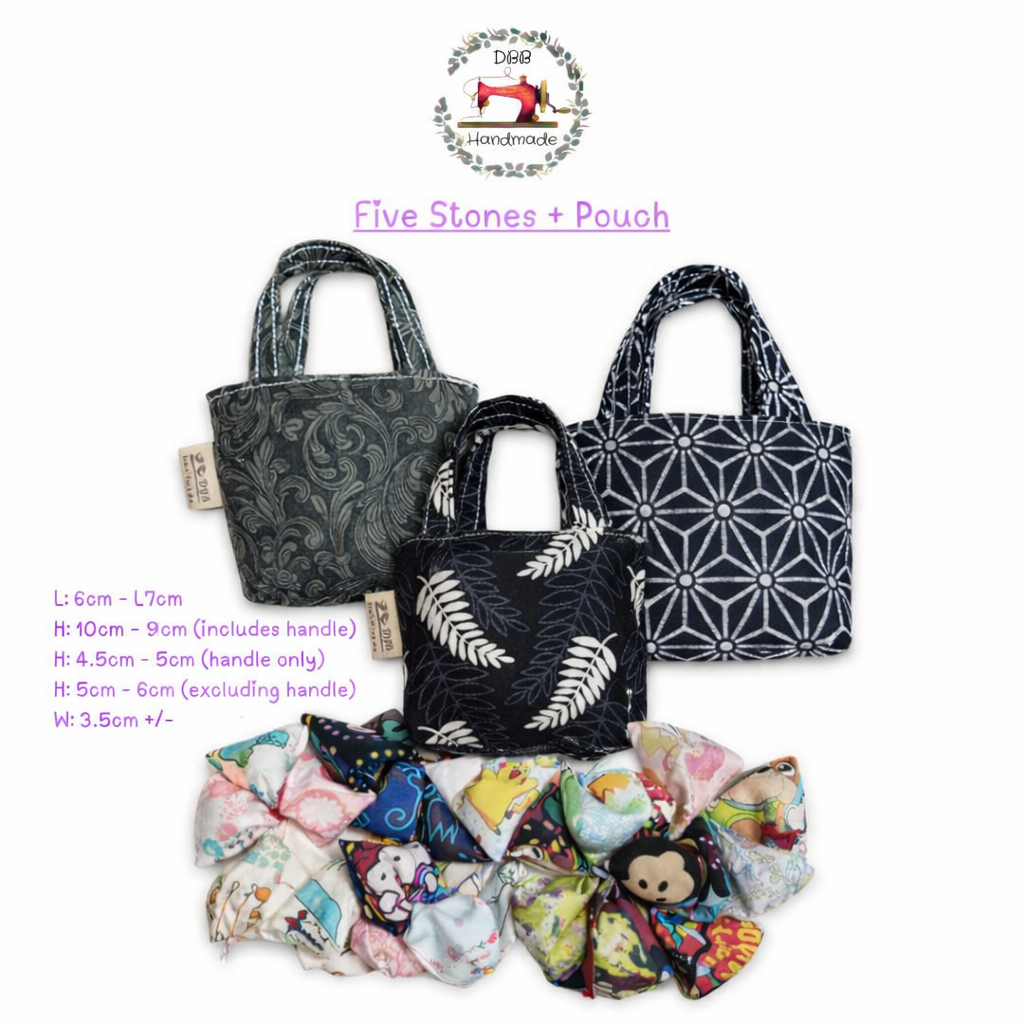 [Minor Flaws] DBB Handmade Mini Tote Pouches + Traditional Games Five Stones – Stylish Leaf, Floral & Geometric Patterns, Perfect Gift Bags
